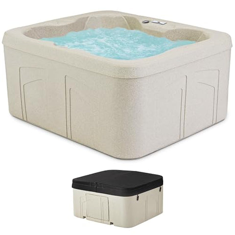 LifeSmart 4-Person Plug & Play Square Hot Tub with Thermal Cover, Sand - Home Outdoor Backyard Spa with 13 Jets and Underwater LED Light