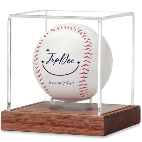 JupDec Baseball Display Case - Clear Cube Baseball Holder with Wooden Base, Autograph Stand Box for Single Ball, Acacia Wood, Brown, 1 Pack