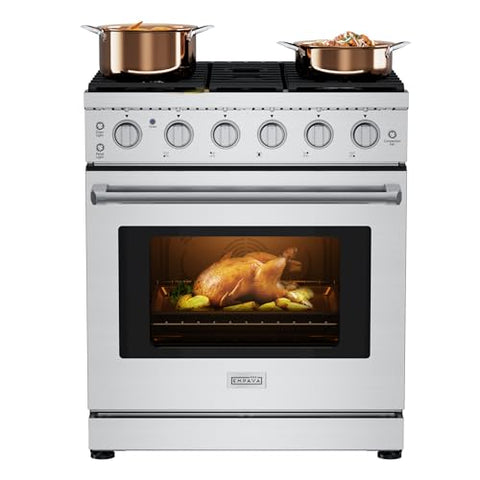 Empava Gas Range,True Convection Oven 4.55 Cu. Ft, 5 Deep Recessed Burners Cooktop, Heavy Duty Continuous Grates in Stainless Steel with Storage Drawer, Freestanding & Slide-In,30 Inch