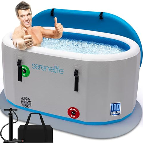 SereneLife Inflatable Insulated Cold Plunge Tub - One Person Ice Bath Tub with Lid, Cold Plunge Therapy Recovery Pod for Athletes with 105 Gallons Capacity, 53.15 x 31.50”