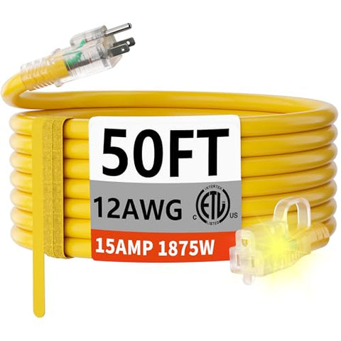 HUANCHAIN 50 FT 12/3 Gauge Heavy Duty Outdoor Extension Cord Waterproof with Lighted end, Flexible Cold-Resistant 3 Prong Electric Cord Outside, 15Amp 1875W 12AWG SJTW, Yellow, ETL
