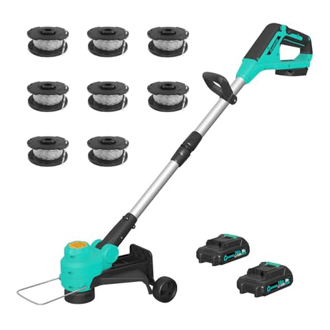 Garvee 12" Cordless Weed Wacker - String Trimmer Grass Trimmer, w/ 2 x 2.0Ah Batteries with Wheels, 8 pcs Spools Lines, Fast Charger