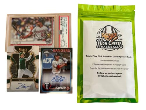 High Cheese Baseball Triple Play Mystery Pack with 1 PSA Graded Card, 2 Autographed Baseball Cards
