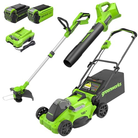 Greenworks 40V 16" Brushless Cordless (Push) Lawn Mower + Blower (350 CFM) + 13" String Trimmer (Bonus Spools), 4.0Ah + 2.0Ah Battery and Charger Included (75+ Compatible Tools)