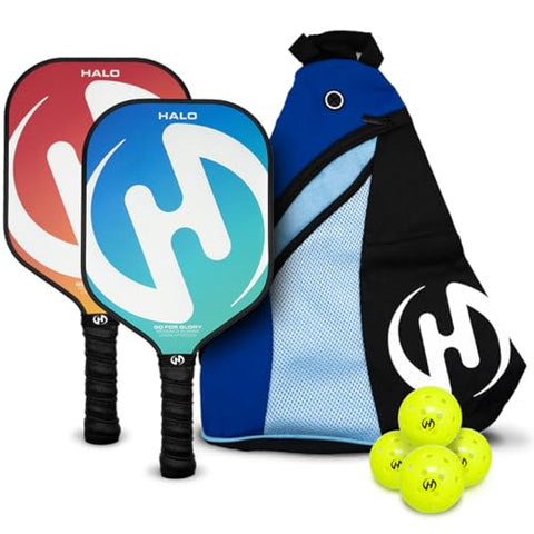 HALO PICKLEBALL Set of 2 Paddles with 4 PICKLEBALLS and Carrying Bag, Fiberglass Surface Pickleball Paddles - Durable Pickleball Paddles Set for 2 - Pickleball Bundle