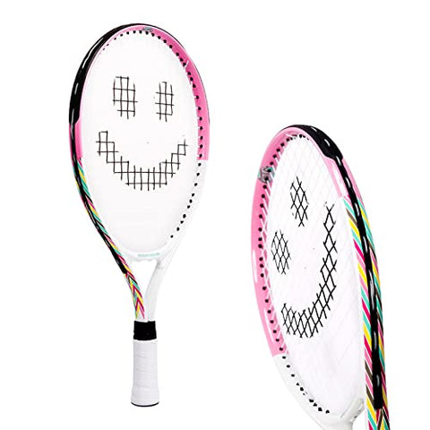 Kids Tennis Racket with Training Videos – 19 Inch Aluminum Youth Tennis Racket with Neoprene Handle for Children Age 5-12 – Learn Faster and Play Better by Street Tennis Club, Pink/White