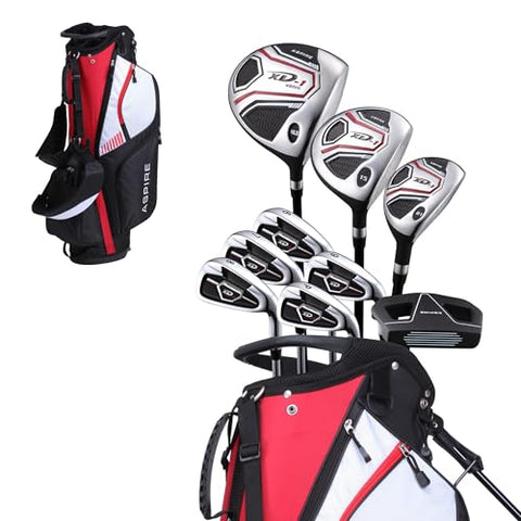 Aspire XD1 Men’s 14-Piece Golf Set – 460cc Titanium Driver, Wood, Hybrid, 6-PW Irons, Putter, Stand Bag, 3 Headcovers and Cover – Red, RH Regular