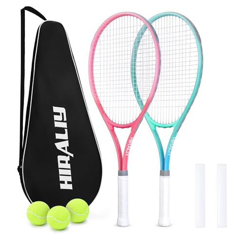 HIRALIY 27" Tennis Rackets Set for Adults, 2 Player Pre-Strung Tennis Racquets, 2 Overgrip Tapes,3 Balls, and 1 Carrying Bag, Outdoor Recreational Sport for Beginner (Pink/Green)