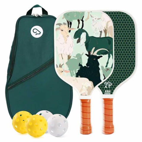 Goat Pickleball Paddles Set of 2, Includes 4 Indoor Outdoor Balls and Travel Bag, Lightweight Durable Fiberglass Pickleball Rackets Set for Men, Women, Beginners (Green)