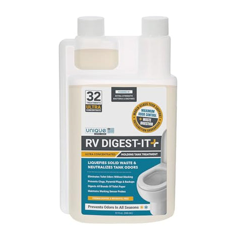 Unique RV Digest-It Ultra RV Toilet Treatment, 32 Uses, Super Concentrated, Eliminates Smells, Liquifies Waste, Easy-Measure Preventive Bio-Enzymatic Holding Tank Treatment, Package May Vary (32 oz)