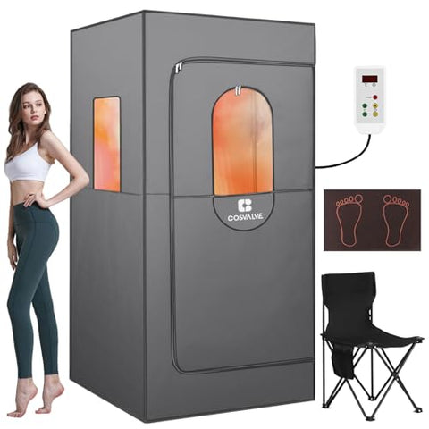 COSVALVE Portable Infrared Sauna for Home, Dry Sauna with 4 Heating Panels and Heated Foot Pad, 1 Person Infrared Sauna Tent Full Size, Remote Control, Indoor Home Spa, 35.4" x 35.4" x 71", Grey