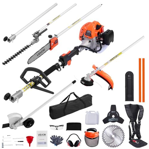 VEVOR 26cc Gas-Powered 7-in-1 Multi-Functional Trimmer - Gas Hedge Trimmer, Brush Cutter (3T/40T), Weed Eater/String, Edger, Pole Saw & 12" Chainsaw Pruner with Extension Pole, EPA, CE & EMC Certified