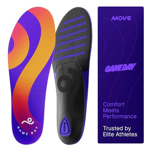 Move Game Day Performance Insoles - for Plantar Fasciitis, Arch Support, Basketball, Active Lifestyle, Running, and Athletics - Composite Heel and Reactive Stability (M 10-10.5 / WM 11.5-12)
