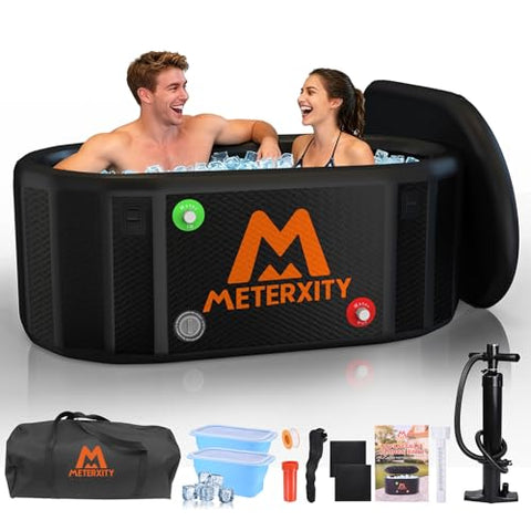 M METERXITY XXL Ice Bath Tub, Inflatable Cold Tub with Lid, Portable Oval Ice Plunge Tub, Water Chiller Compatibility, Thermometer, Dual-Action Pump for Athletes/Recovery/Outdoor/Indoor