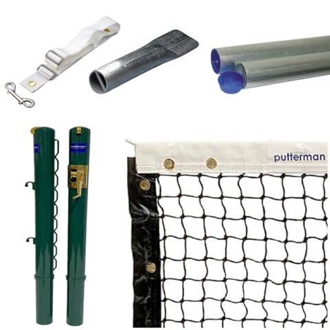 Putterman Pickleball & Junior Tennis Posts - Permanent Court Kit – 2-7/8" OD, Round, Internal Wind, Green - Optional Ground Sleeves