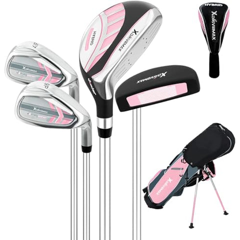 XDriveMax 5 Pieces Kids Golf Club Set, Junior Golf Club Set Ages 5-8 Includes Stand Bag, 5# Hybrid, 6/7#, 9/P# Irons and Putter Right Hand for Boys Girls,Pink