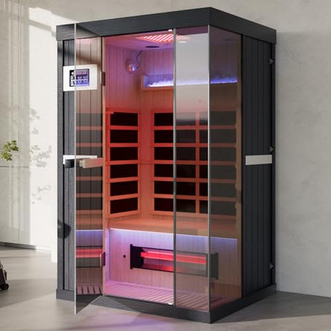 OnxyEdge 2-Person Full Spectrum Infrared Sauna, Himalayan Salt Rocks Plus 12 * 12" Red Light Therapy & 2 Built-in Speakers, 2000W - 120V Indoor Hemlock Dry Sauna with Dual LED Controls for Home & Gym