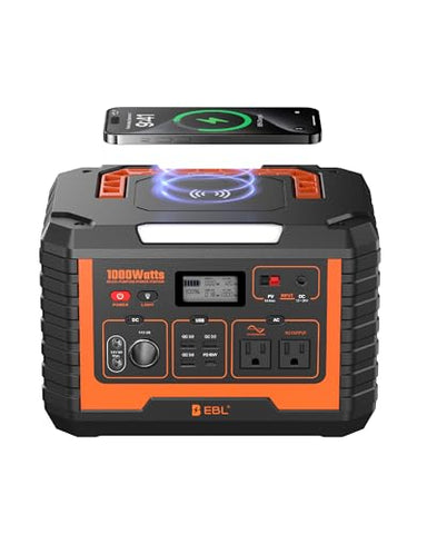 EBL Portable Power Station 1000W, 999Wh Solar Generator 2000W Peak, AC/Wireless Charging/60W USB-C Output, Lithium Battery for Emergency, Home Backup, Camping, RV, Off-Grid Living