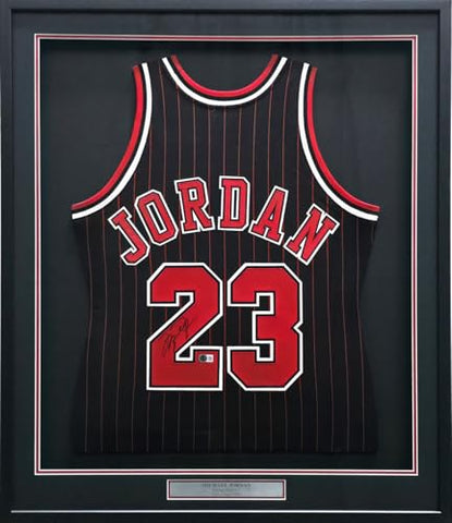 Michael Jordan Autographed Framed Black Pinstripes Authentic M.i.t.c.h.e.l.l & N.e.s.s Basketball Jersey Beckett BAS #AE03236