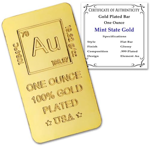 1 oz Gold Plated Bar (Flat Style) 18K Paperweight - Element Design with Certificate of Authenticity