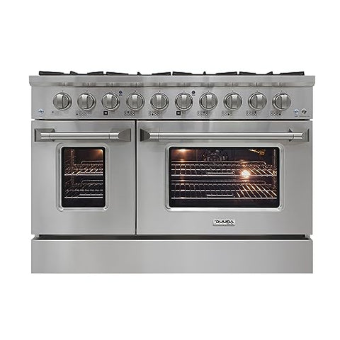 DUURA Elite Gas Range Cooktop, 48-Inch with Double Porcelain Convection Oven and Broil Function, 8 Sealed Burners Continuous Grates with Stainless Steel Construction, 6.7-Cu.Ft, Metallic