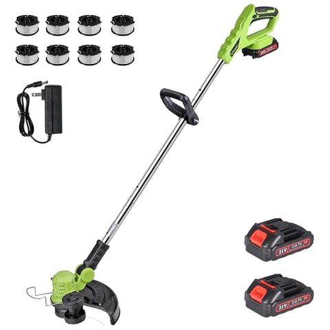 Cordless Weed Wacker Electric Weed Eater 12" 20V String Trimmer Battery Operated with 8 Pcs Spool Trimmer Lines and 1 Spool Cap 2.0Ah Batteries Fast Charger