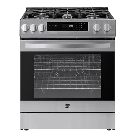 Kenmore 5.6 cu. ft. Front Control Gas Range Oven with 5 Cooktop Burners - Ultra Durable Chrome Racks, Turbo Boil, Hidden Bake, Dishwasher-Safe Grates, Storage Drawer, LP Kit - Stainless Steel