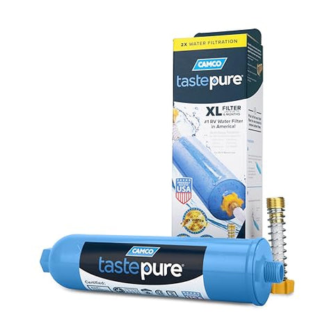 Camco Tastepure XL RV Water Filter - Reliable RV Inline Water Filter with Flexible Hose Protector - GAC & KDF Water Filtration - Made in USA - Camping Essentials for Fresh Drinking Water (40019)
