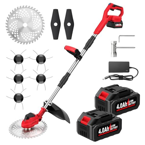 FULLYEA Electric Weed Wacker Cordless 9-inch, Brushless Weed Eater with 3 Types Blades & 2 * 4.0Ah Batteries, Lawn Mower Battery Powered String Trimmer, Cordless Grass Trimmer for Lawn Garden Work