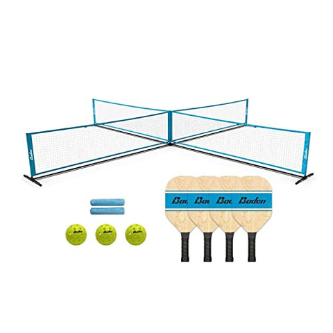 Baden 4 Square Pickleball Portable Net Set - 20' x 20' Nets & Posts, 3 Balls, 4 Wood Paddles, 2 Pieces of Chalk, & 1 Durable Bag