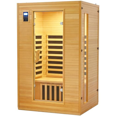 Garvee 2024 Upgrade 2 Person Sauna, 6 Heating Plate Infrared Physical Therapy Wooden Dry Steam Sauna, Low EMF, MP3 Auxiliary Connection, Dual Controls Inside and Outside Fits, Home Spa Day Use