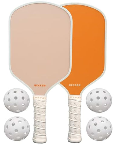 Recess Pickleball Starter Set, Premium Pickleball Paddles Set of 2 & Four (4) Pickle Balls - Strong & Durable Fiberglass, Lightweight, Honeycomb Core & Comfort Grip Handles - Perfect for Beginners