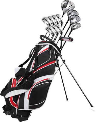 Precise S7 Complete Golf Club Set for Men - Right Handed Tall Mens Golf Clubs Full Set w/Driver, Woods, Hybrid, Irons, Putter, Wedge, Stand Bag & Headcovers - Beginner Friendly Package - Black/Red