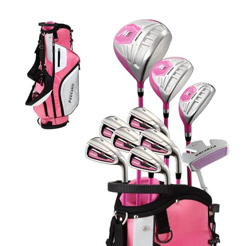 Precise M5 Womens Golf Clubs Full Set, Titanium Driver, S.S. Fairway, S.S. Hybrid, S.S. 5-PW Irons, Putter, Stand Bag, 3 H/C's, Golf Clubs Women Right Handed, Pink