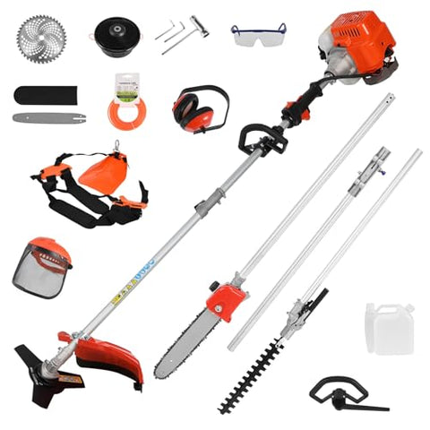 Gas Weed Eater, 52cc 2 Stroke Weed Wacker 6 in 1 Lawn Mover Include String Trimmer Brush Cutter Pole Saw Hedge Trimmer for Yard Garden Care 9500rpm 3000r/min Engine Speed 120cc Oil Tank Orange