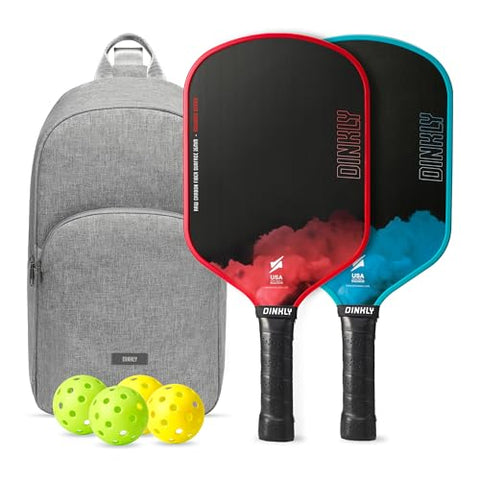 Dinkly Raw Carbon Pickleball Paddles Set of 2, T700 Carbon Fiber Rackets with 16MM Honeycomb Polymer Core, 4 Balls and 1 Portable Carry Bag, USAPA Approved Pickleball Set for Men, Women, Red & Blue