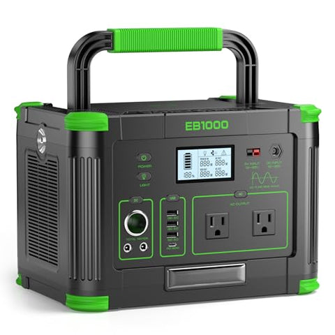 Portable Power Station 1000W (Peak 2000W), 999Wh Solar Generator, 110V Pure Sine Wave AC Outlet with PD 60W USB-C Fast Charging, Outdoor Camping RV Van Home Backup Off-Grid Living