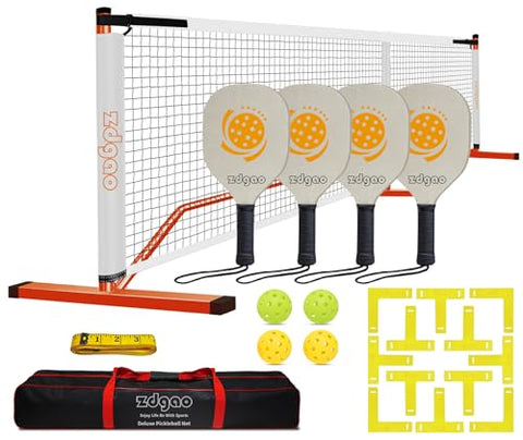 Zdgao Pickleball Set with Net for Driveway, 22 FT Regulation Size Pickleball Net Set with Paddles Set of 4, Outdoor Pickleballs, Court Markers and Carry Bag for Driveway, Backyard, Home