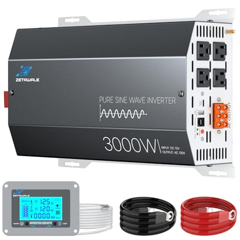 3000 Watt Pure Sine Wave Inverter 12v DC to 110v 120v AC Converter,6000W Peak Power Inverter with 4 AC Outlets,USB Port,Type-C,Remote Control LCD Display for Truck, RV, Vehicles, Solar Off-Grid
