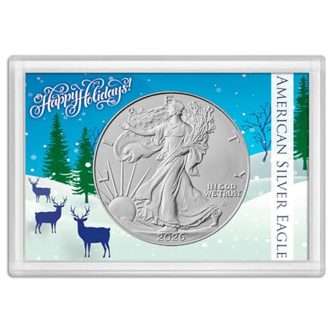2026 U.S. Silver Eagle 1 oz Brilliant Uncirculated in Happy Holidays Snowy Scene with Reindeer Holder Dollar Uncirculated US Mint