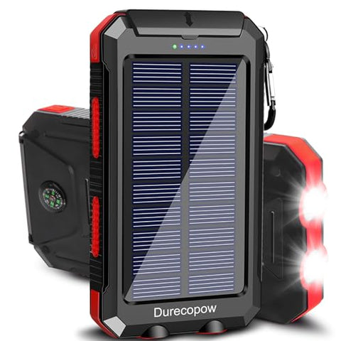 Solar Charger Power Bank, 20000mAh Portable Outdoor Waterproof Solar Battery Charger, Camping External Backup Battery Pack USB C Ports Input/Output, 2 Led Light Flashlight with Compass (Red)