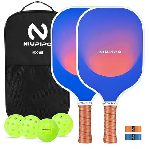 Niupipo Pickleball Paddles - Carbon Fiber Pickleball Paddle Set of 2 with Advanced Friction Coating Paddle Face & Enhanced Sweet Spot, Comes with 4 Balls, 2 Overgrips & a Pro Carry Bag