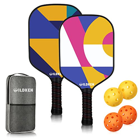 WILDKEN Pickleball Paddles,Double-Sided Pattern Pickle Ball Paddles Set of 2 with Non-Slip Ergonomic Absorbent Soft Grip Pickle Ball Rackets 2 Pack,Pickleball Set Sport Gifts,Black,Standard