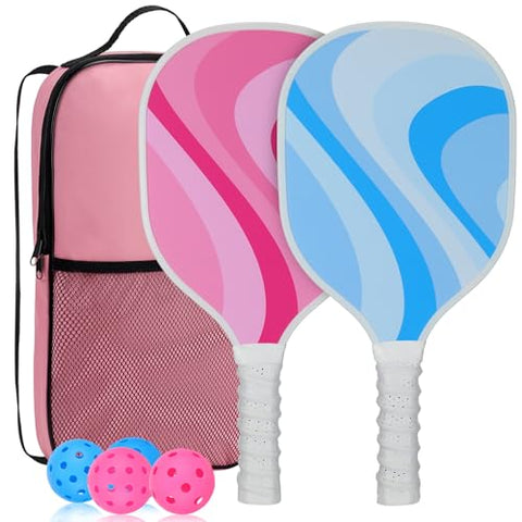 Cute Pickleball Set of 2 Paddles - Pink & Blue Lightweight Pickleball Rackets with 2 Indoor and 2 Outdoor Balls, 1 Portable Bag, for Beginner Youth Women Couple Gift