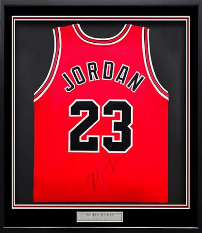 Michael Jordan Autographed Framed Red Authentic Basketball Jersey Vintage Signature PSA/DNA & Beckett BAS #AE07407