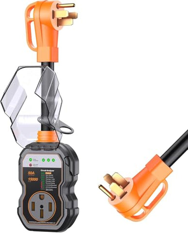 GEARGO RV Surge Protectors 50 Amp, 15000 Joules RV Circuit Analyzer, IP68 Surge Voltage Protection, RV Adapter Plug for Camper (Orange)