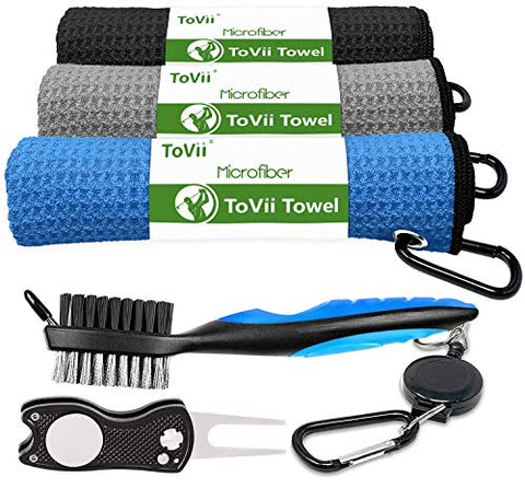 ToVii Golf Towel Microfiber Waffle Pattern Golf Towel | Brush Tool Kit with Club Groove Cleaner | Golf Divot Tool Accessories for Men