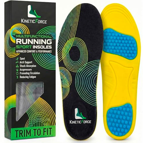 KineticForce Sport Arch Support Inserts for Men and Women - Trimmable Running Insoles - Gel Insoles for Men and Women for Foot Pain (Men's 8-13)