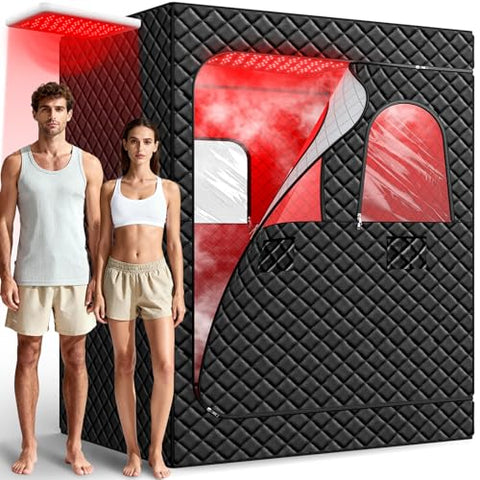 2 Person Infrared Sauna Box for Home, Portable Steam Sauna with 660nm Red Light Therapy Lamp, 5-Layer Waterproof, 2 Steamers, 2 Folding Chair
