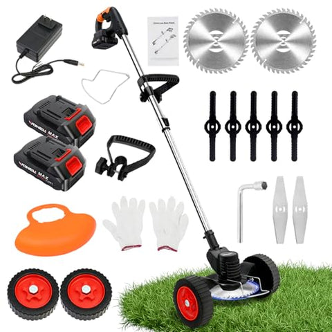ALSO GO 21V Electric Weed Eater with Wheels,Cordless Battery Weed Wacker with Charger, 3 in 1 Brush Cutter/String Trimmer/Grass Trimmer/Lawn Mower,Edger for Garden and Yard Lawn,2 Batteries Include